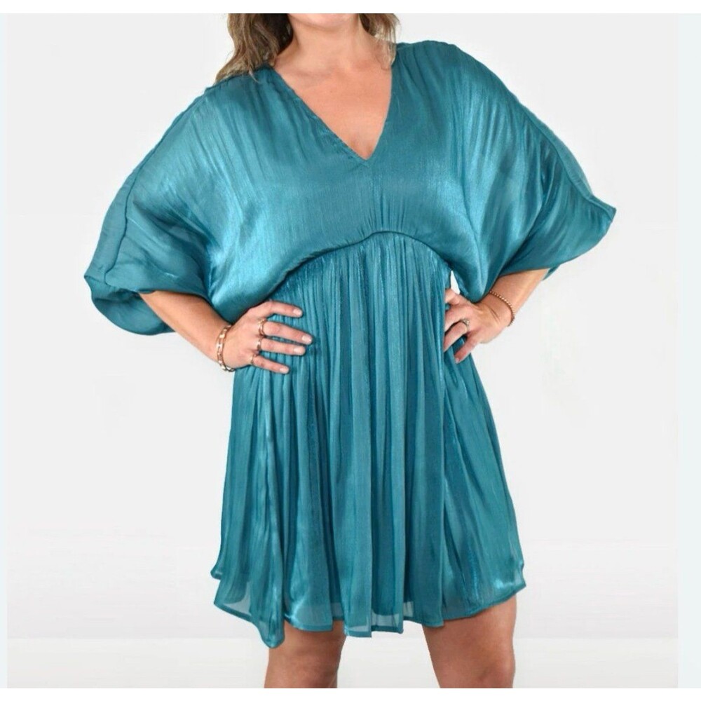JODIFL Metallic Teal Deep V Dolman Sleeve Mini Dress Size Large